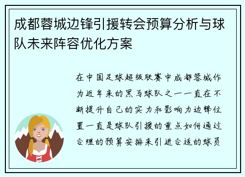 成都蓉城边锋引援转会预算分析与球队未来阵容优化方案