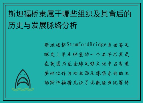 斯坦福桥隶属于哪些组织及其背后的历史与发展脉络分析